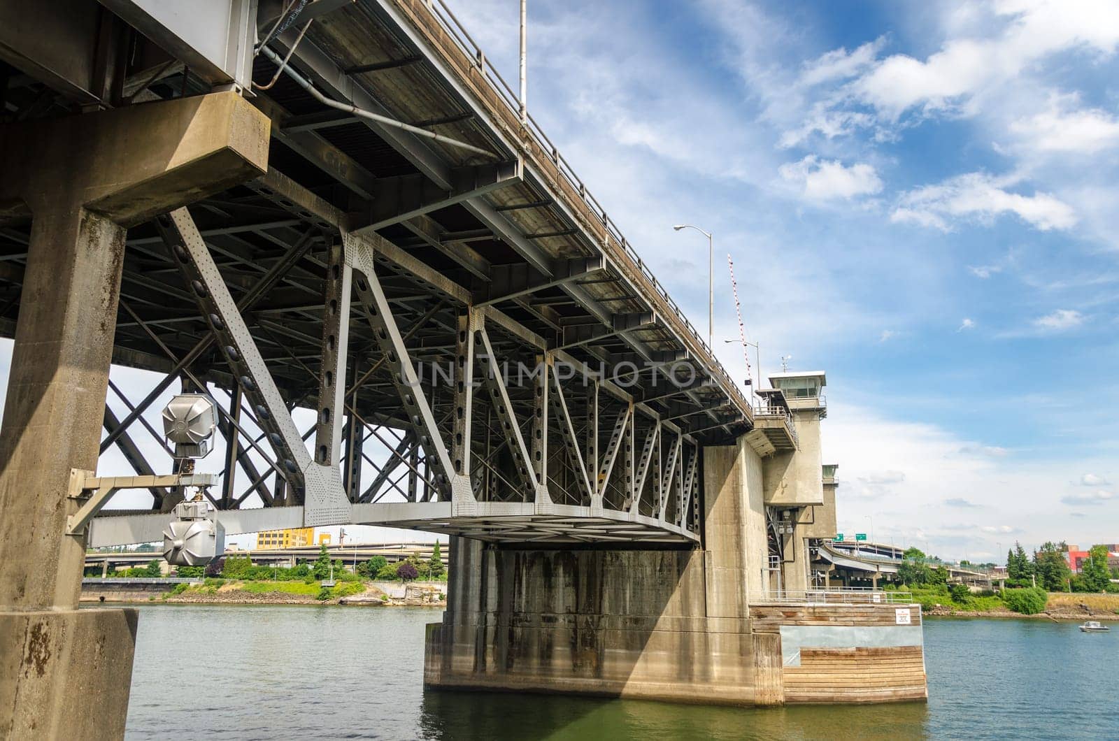 View of the Morrison Bridge and Willamette River in Portland, Oregon