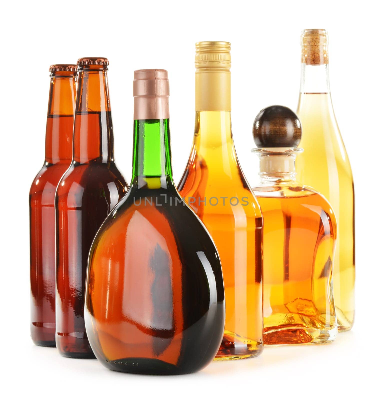 Assorted alcoholic beverages isolated on white background