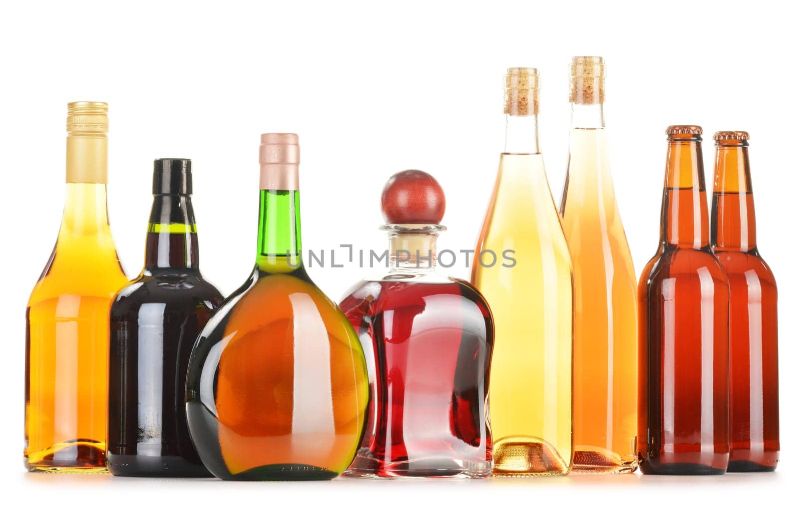 Assorted alcoholic beverages isolated on white background