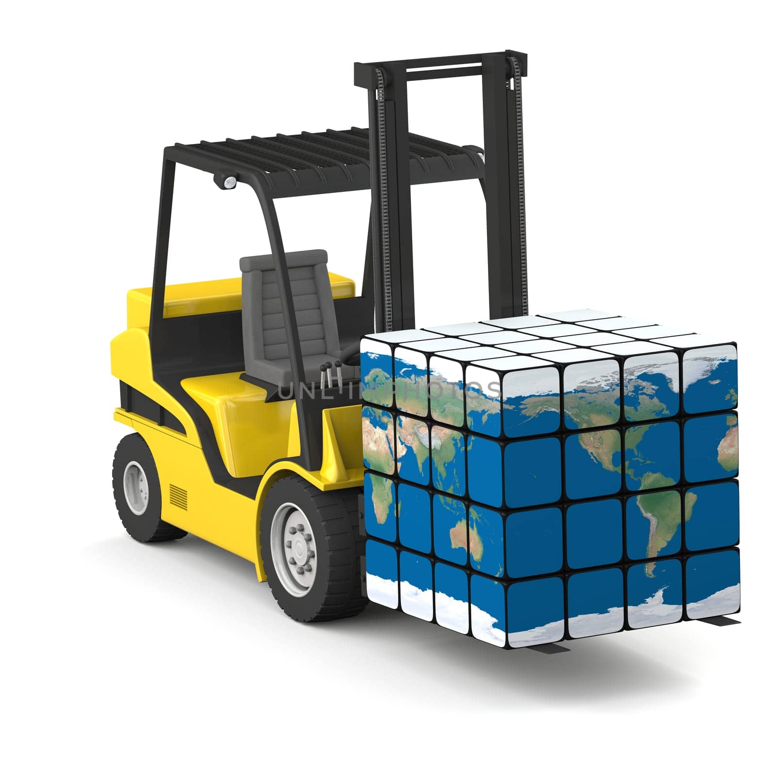 Concept of global transportation, modern yellow forklift carrying planet Earth in form of cube, isolated on white background. Elements of this image furnished by NASA.