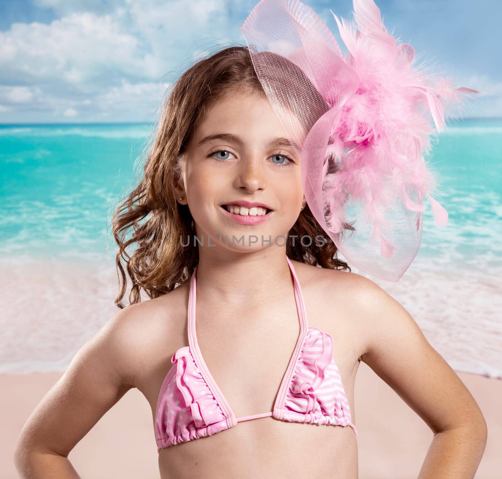 Children girl in tropical turquoise beach vacations with pink fashion style vintage color