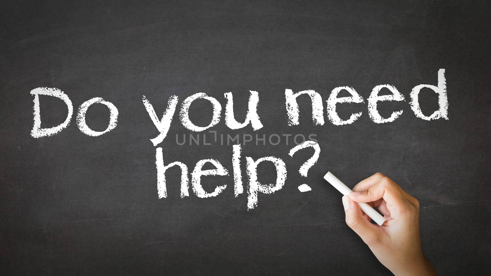 A person drawing and pointing at a Do you need help Chalk Illustration