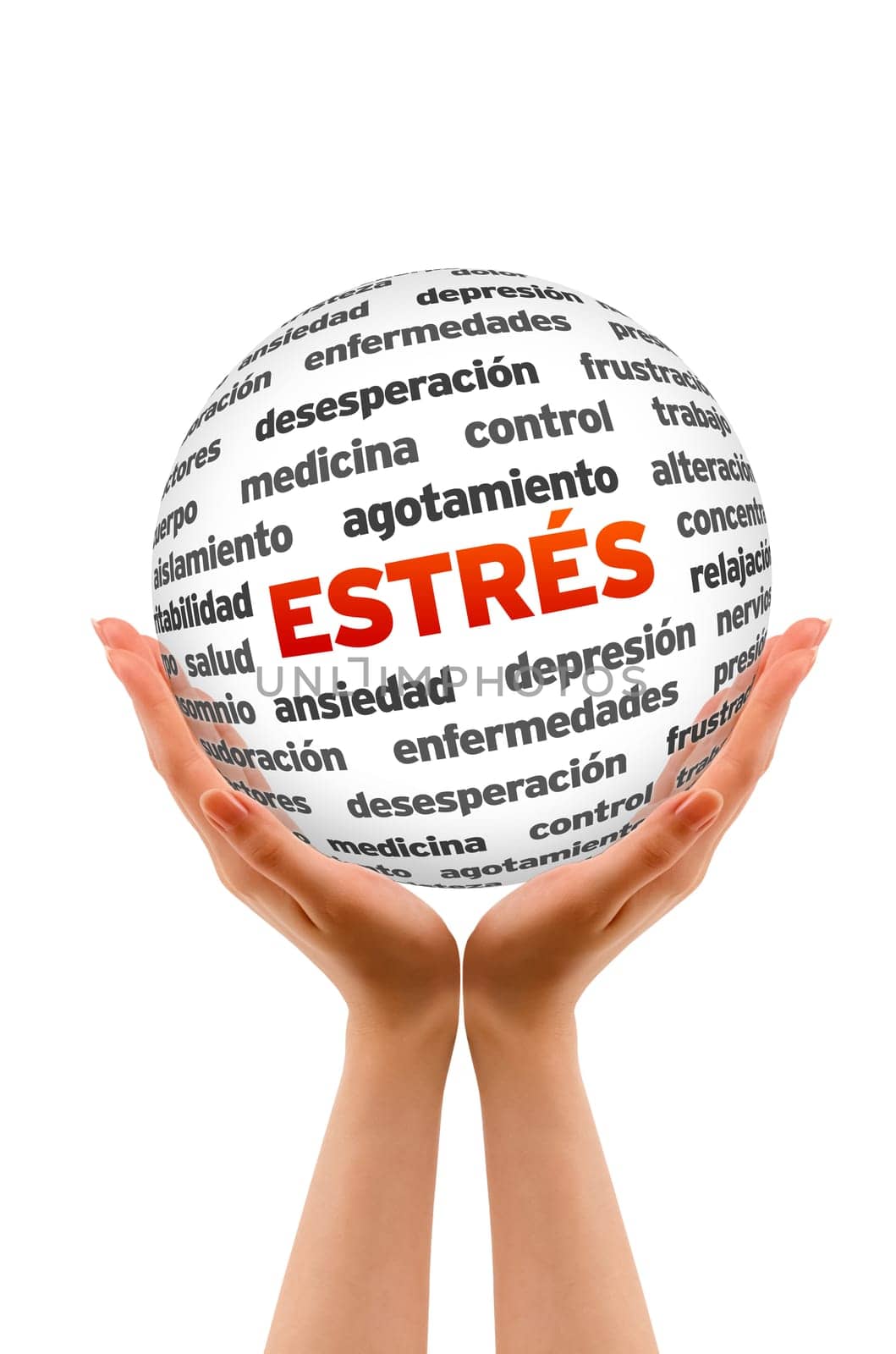 A person  holding a 3D Stress Word Sphere ilsolated on white.