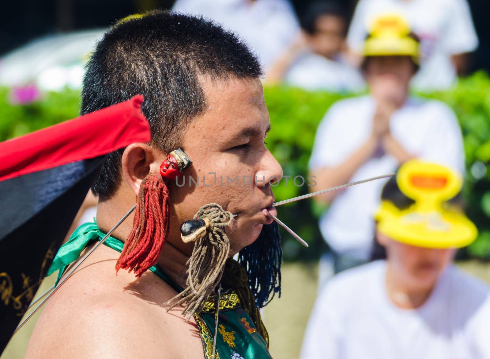 Phuket Vegeterian Festival. Shocking asian tradition - body piercing.