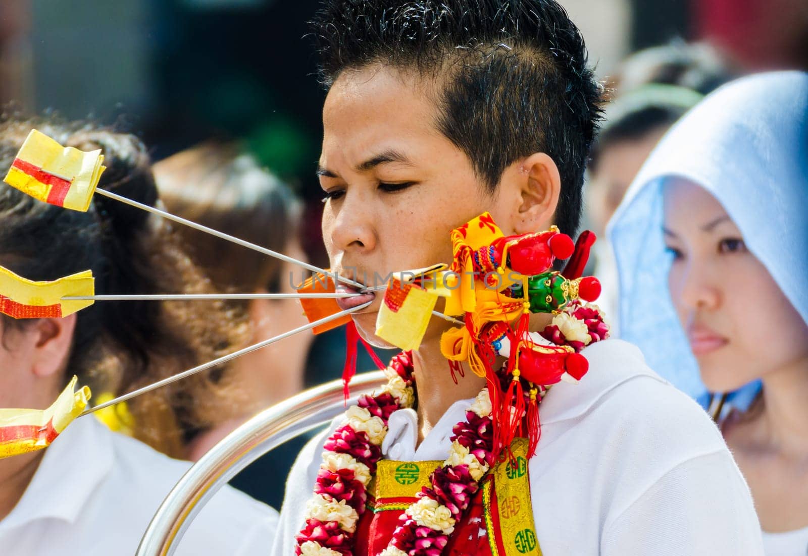 Phuket Vegeterian Festival. Shocking asian tradition - body piercing.