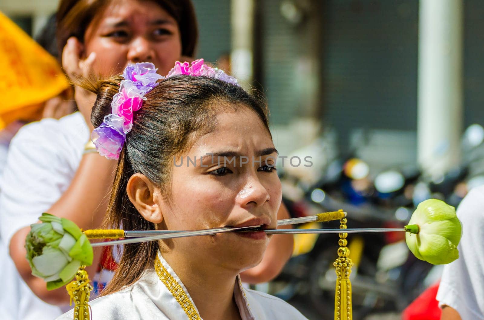 Phuket Vegeterian Festival. Shocking asian tradition - body piercing.