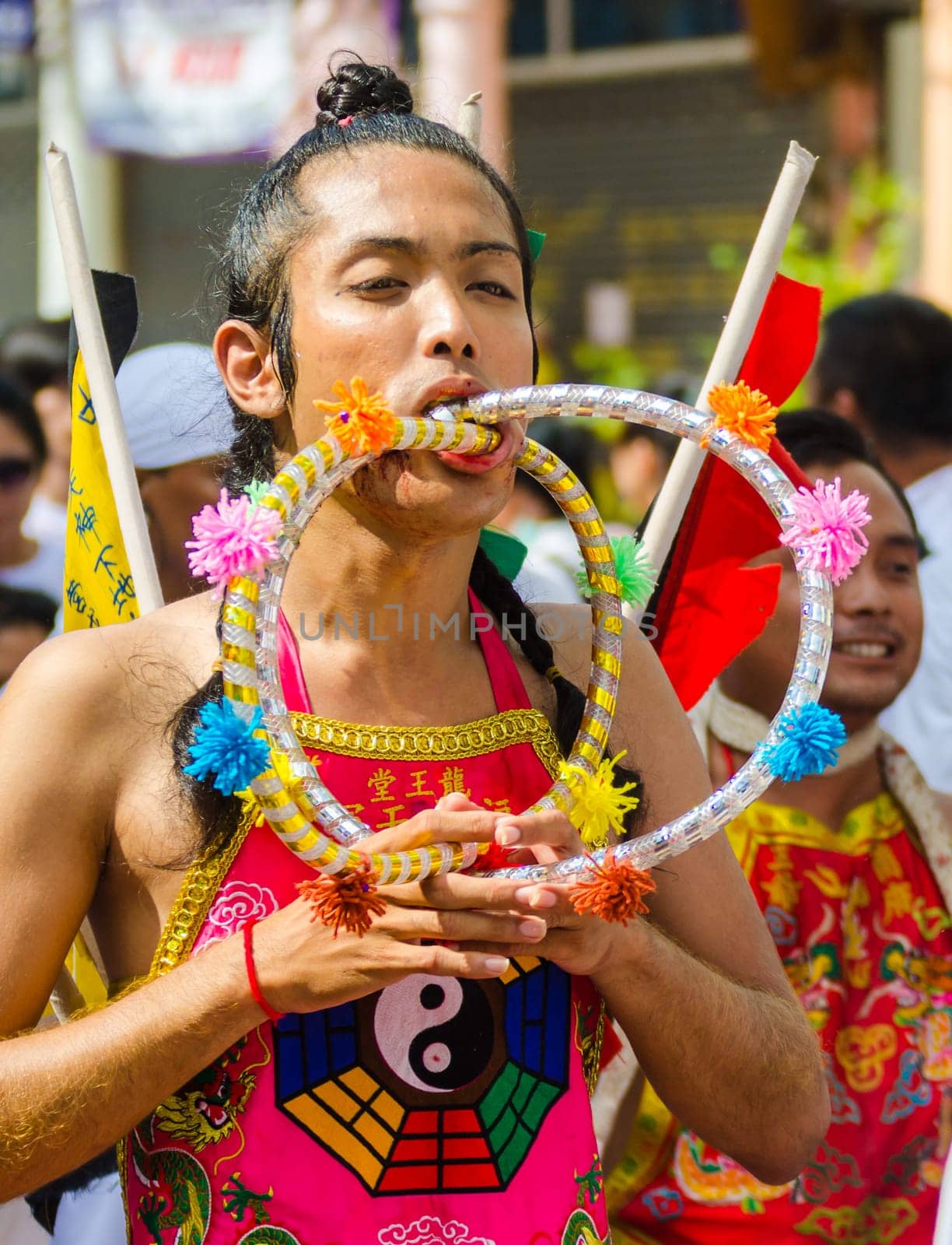 Phuket Vegeterian Festival. Shocking asian tradition - body piercing.