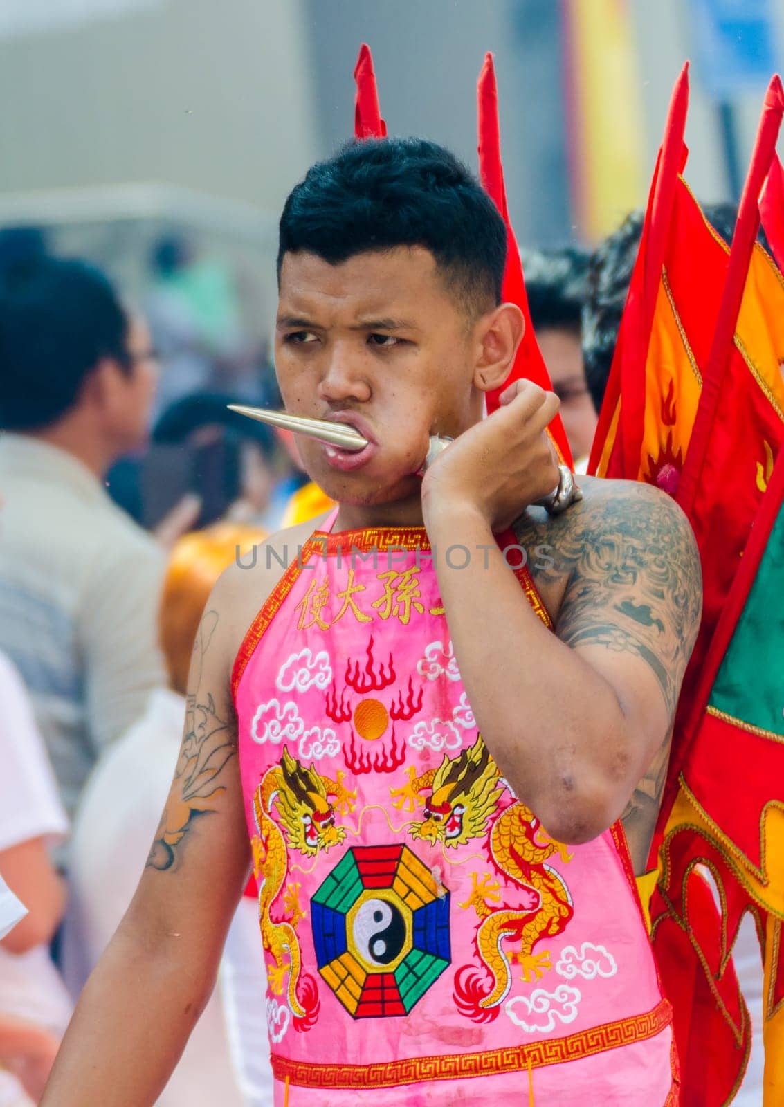 Phuket Vegeterian Festival. Shocking asian tradition - body piercing.