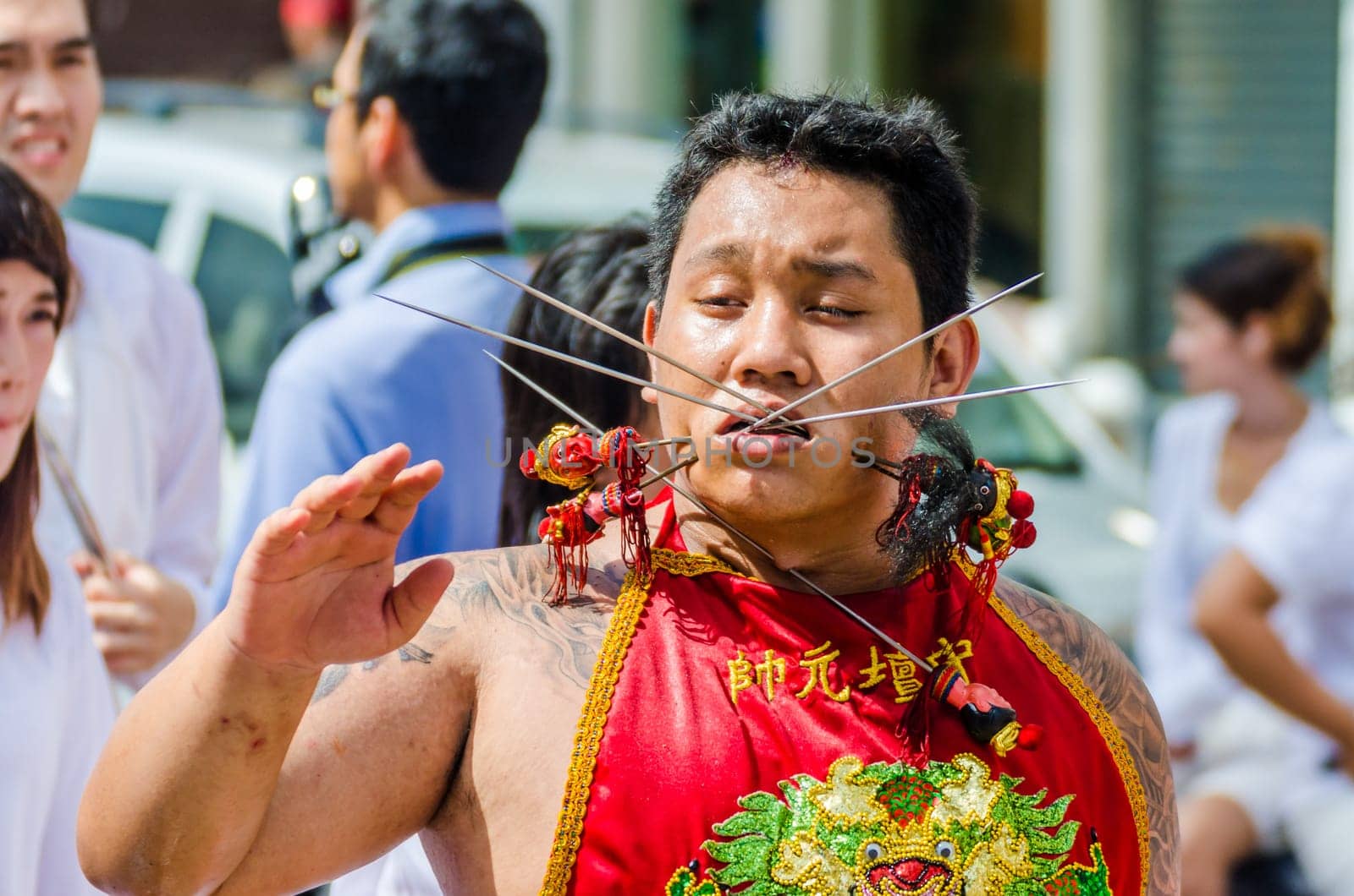 Phuket Vegeterian Festival. Shocking asian tradition - body piercing.