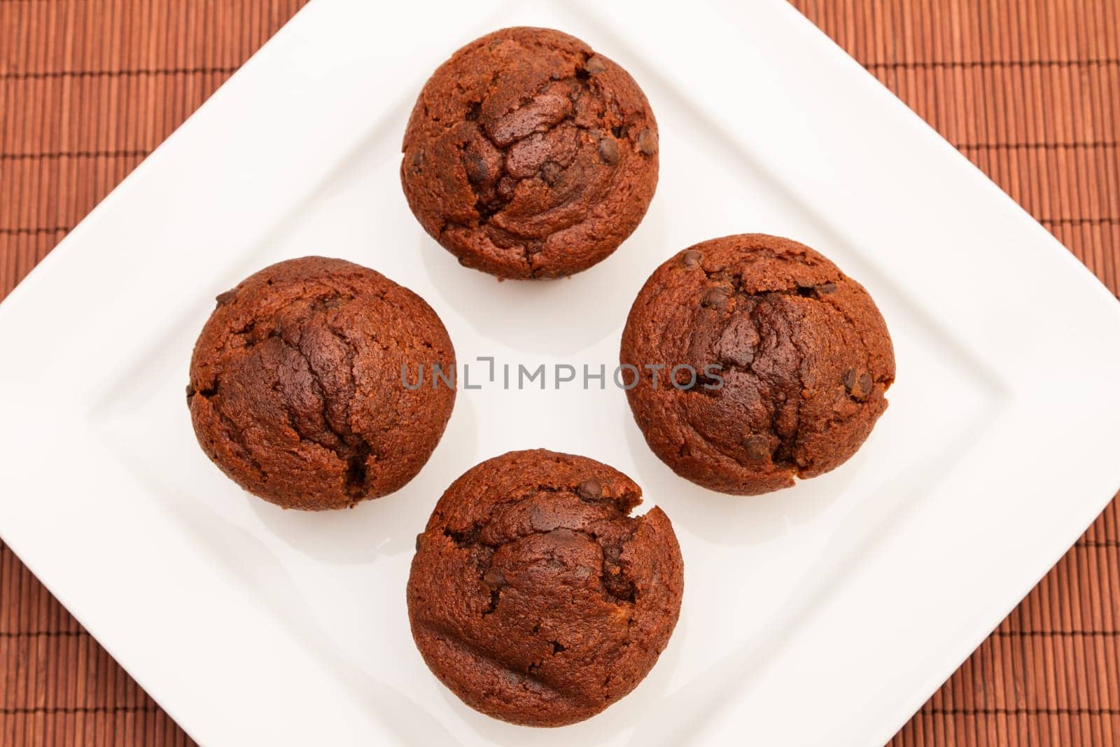 Chocolate Muffins on a white plate.
