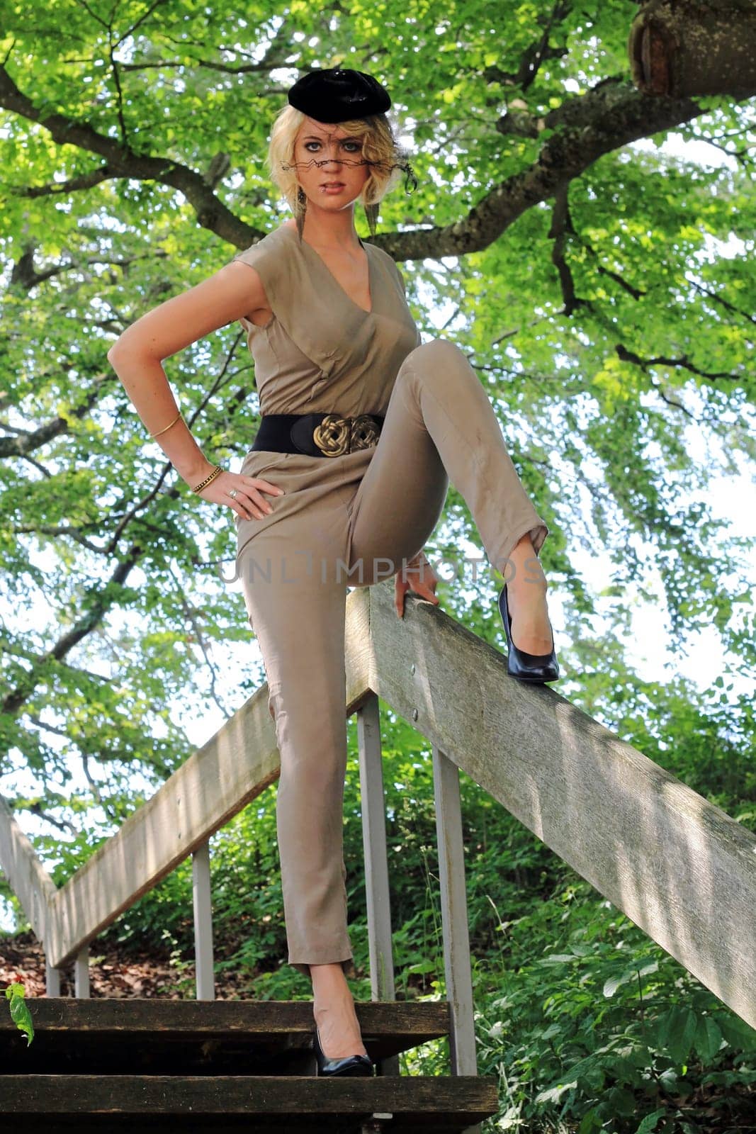 On the wooden stairs