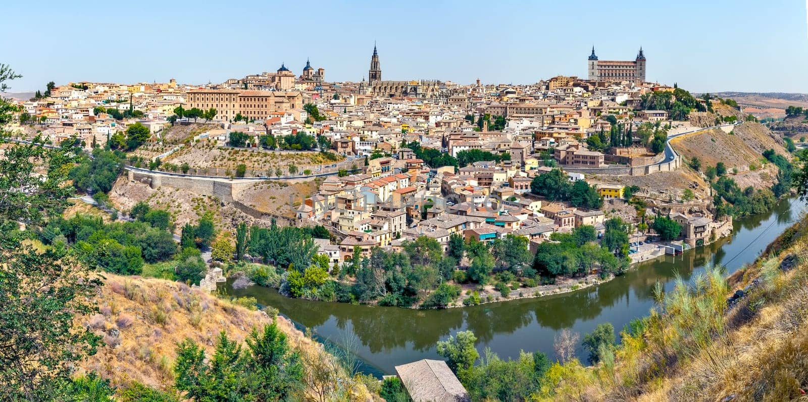 Panoramic view of the historic city of Toledo with river Tajo in Castile-La Mancha, Spain