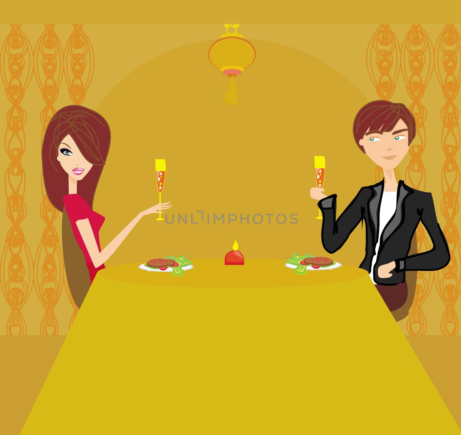 Young couple flirt and drink champagne