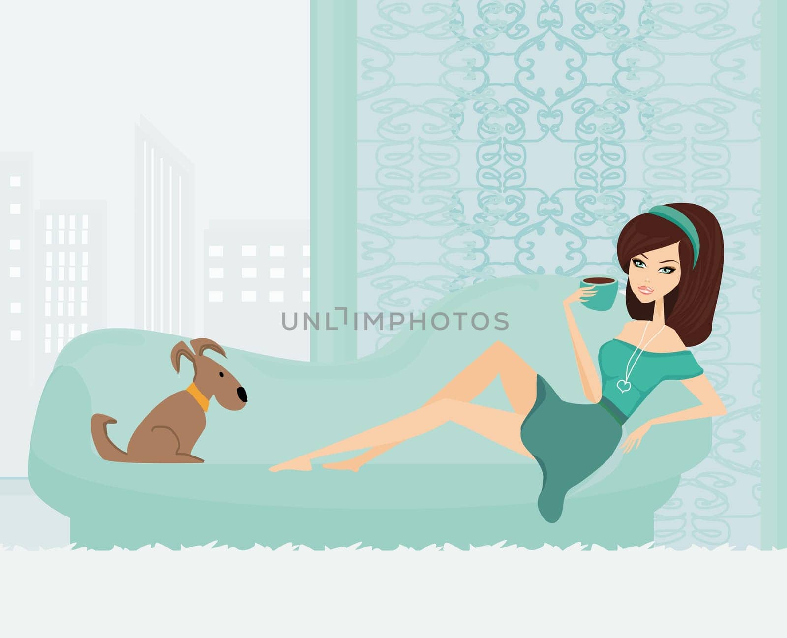girl on coffee break with her dog on the sofa