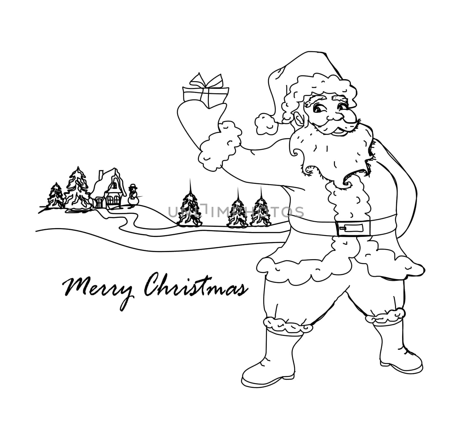 Happy New year card with Santa and winter landscape - doodle illustration