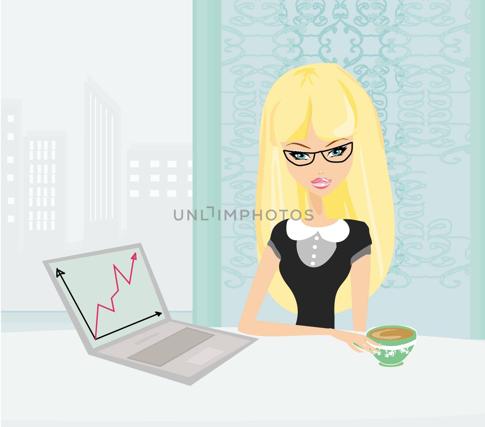 beautiful blond secretary in glasses working with computer