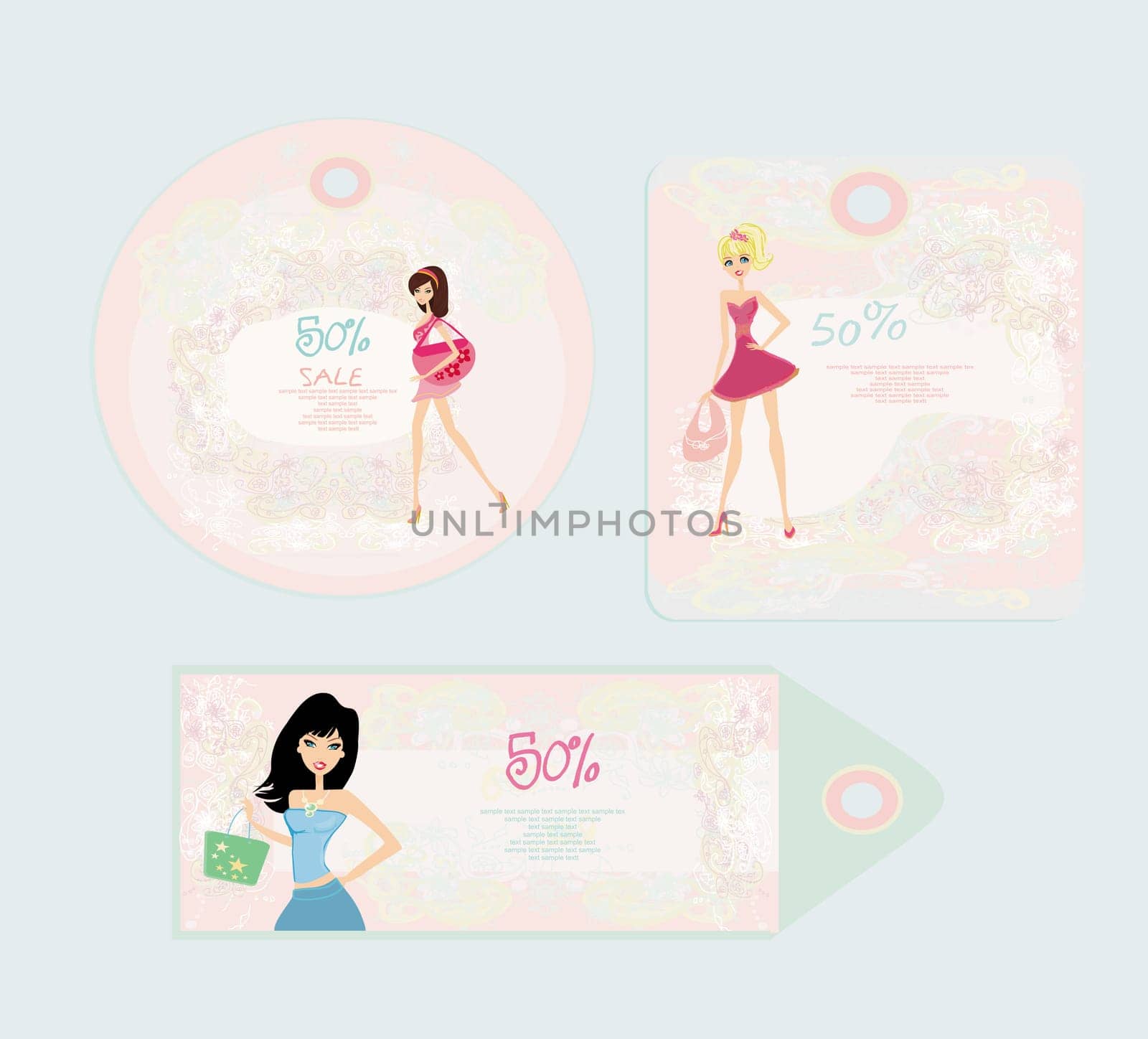 Price Tags With Fashion Girls vector set