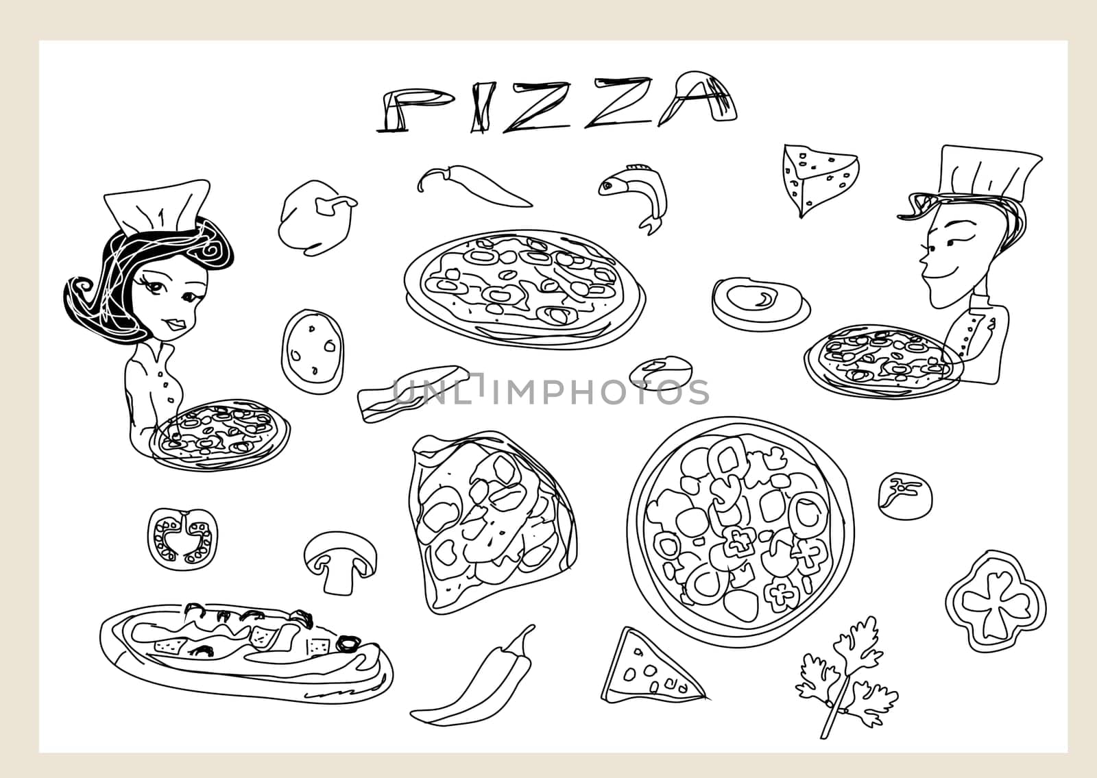 Pizza and vegetables and chef set doodle illustration