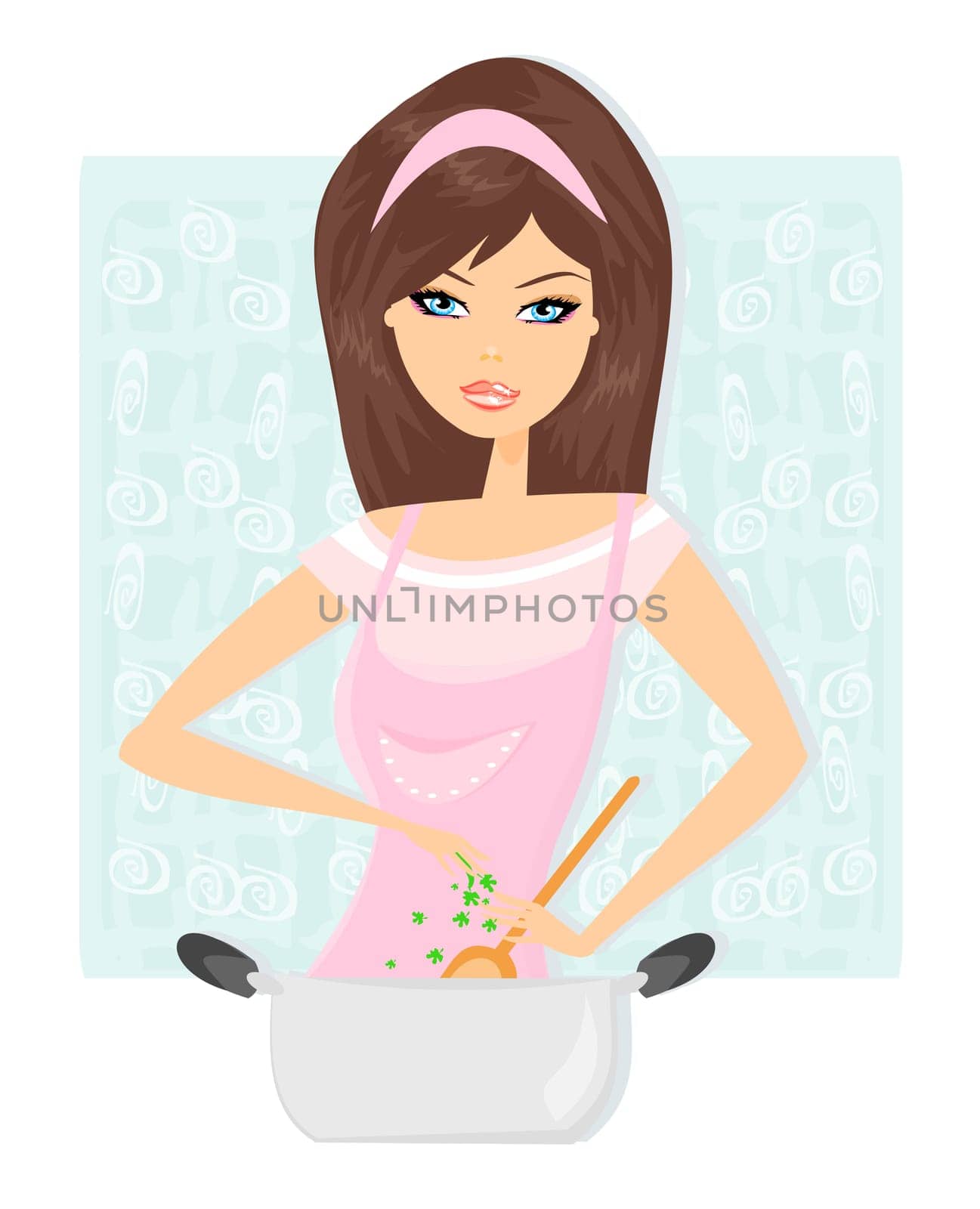 Beautiful lady cooking soup in the kitchen