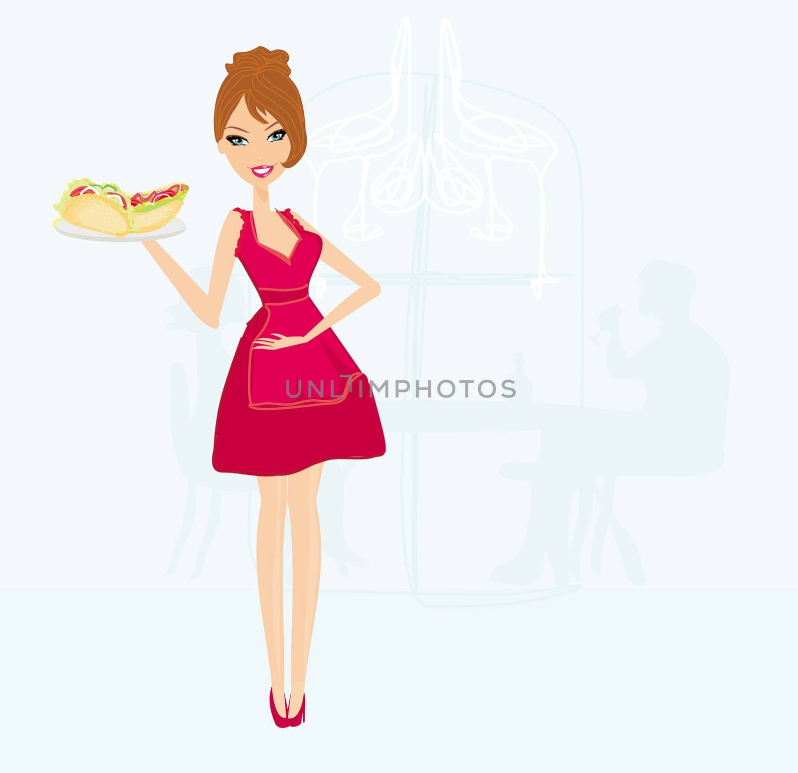 beautiful waitress with a tray with sandwich