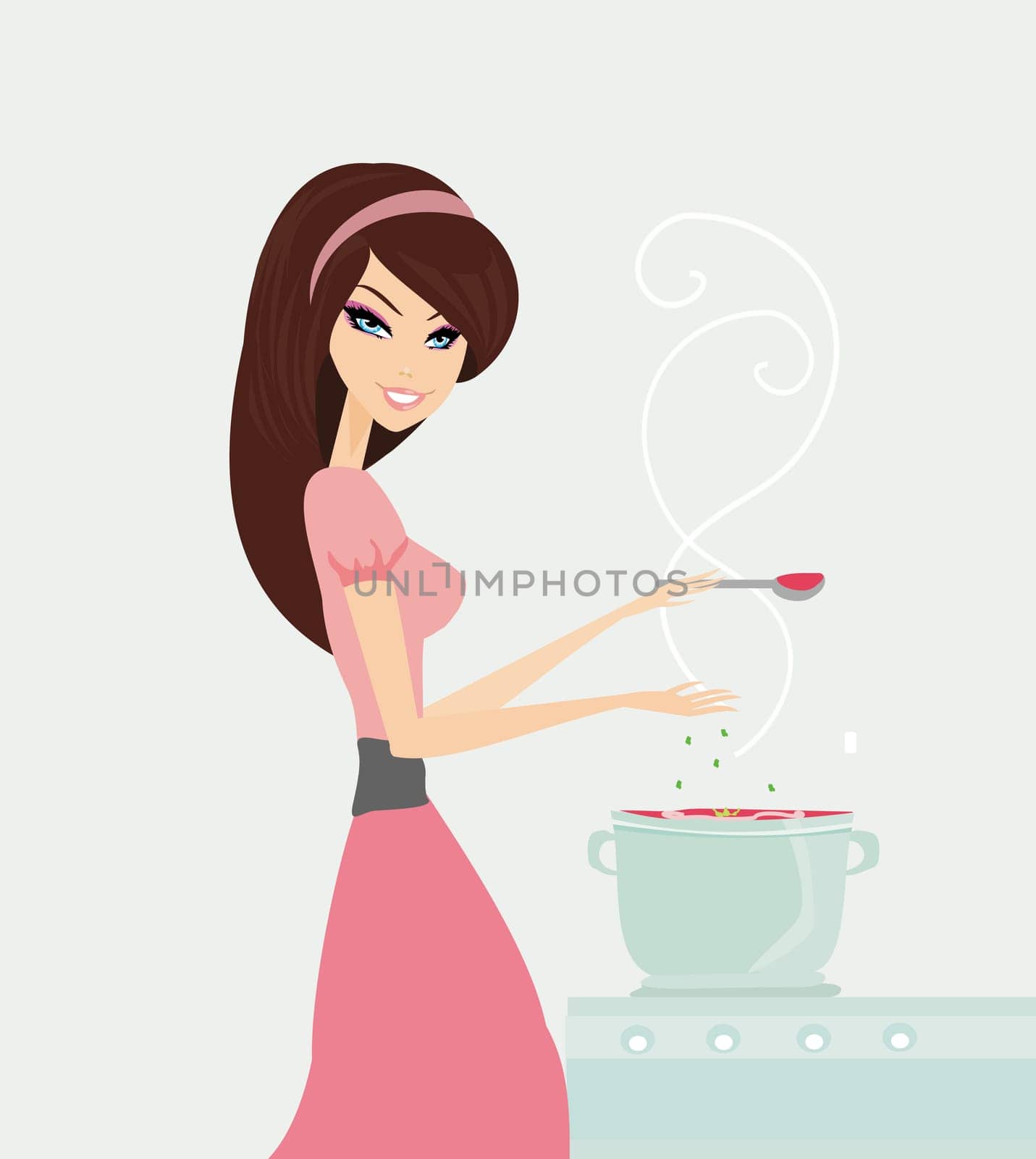 Beautiful lady cooking soup in the kitchen