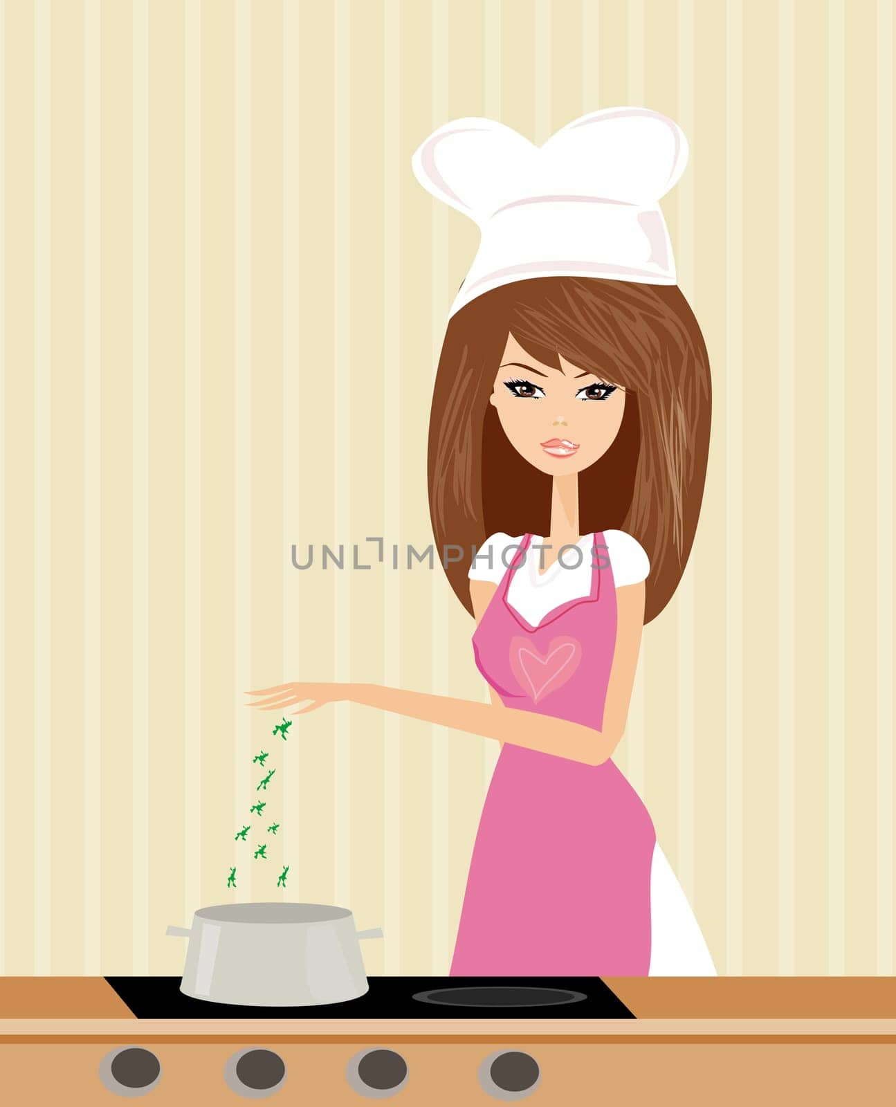 Beautiful lady cooking soup in the kitchen