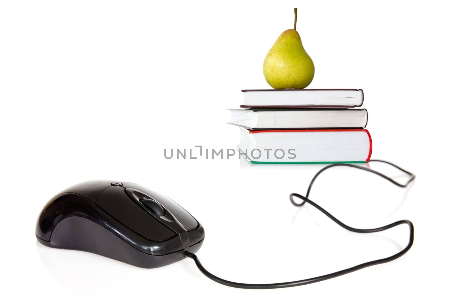 Internet education concept. Books and computer mouse over a white background.