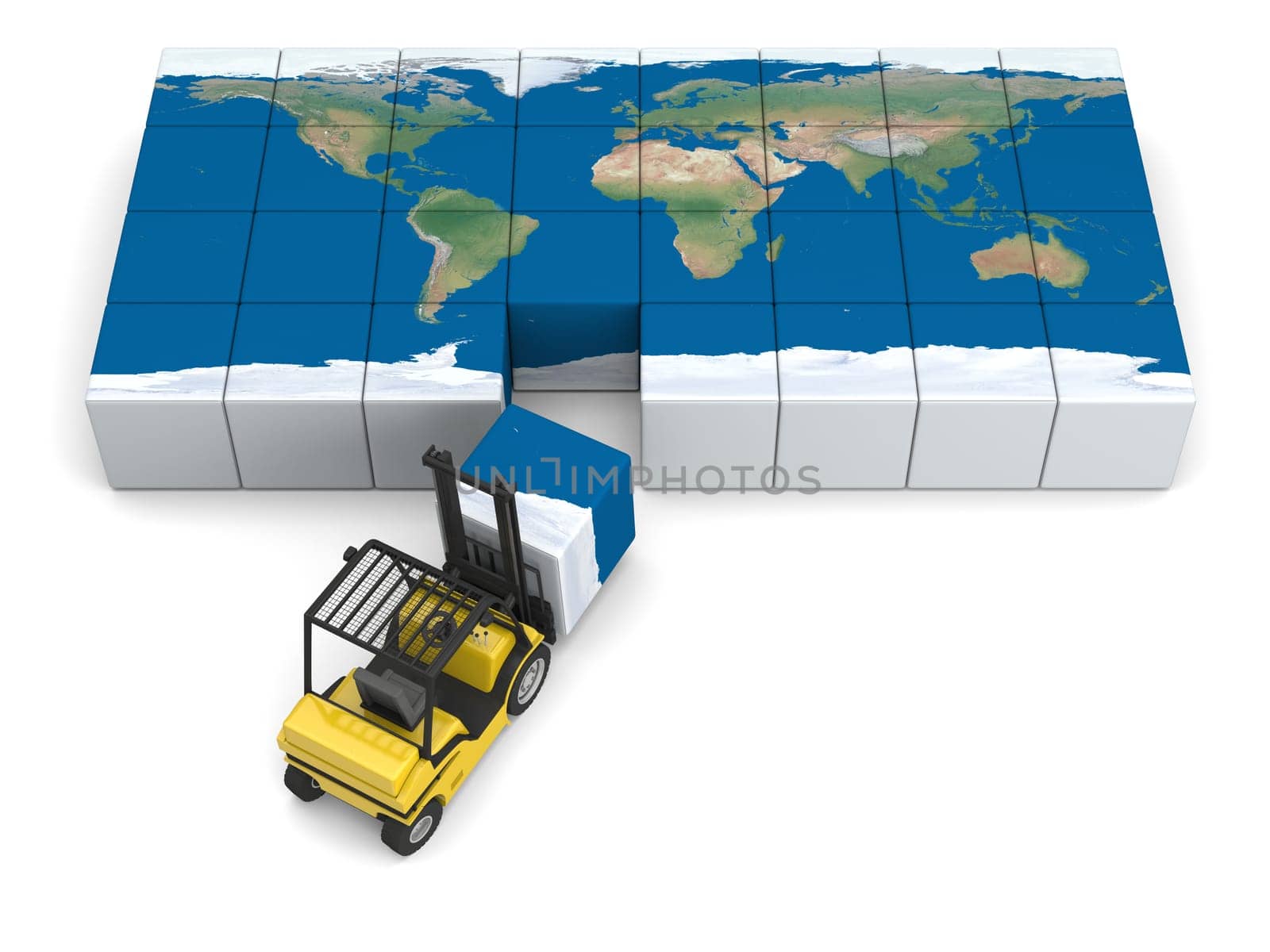 Concept of global transportation, modern yellow forklift carrying piece of global map, isolated on white background. Elements of this image furnished by NASA.