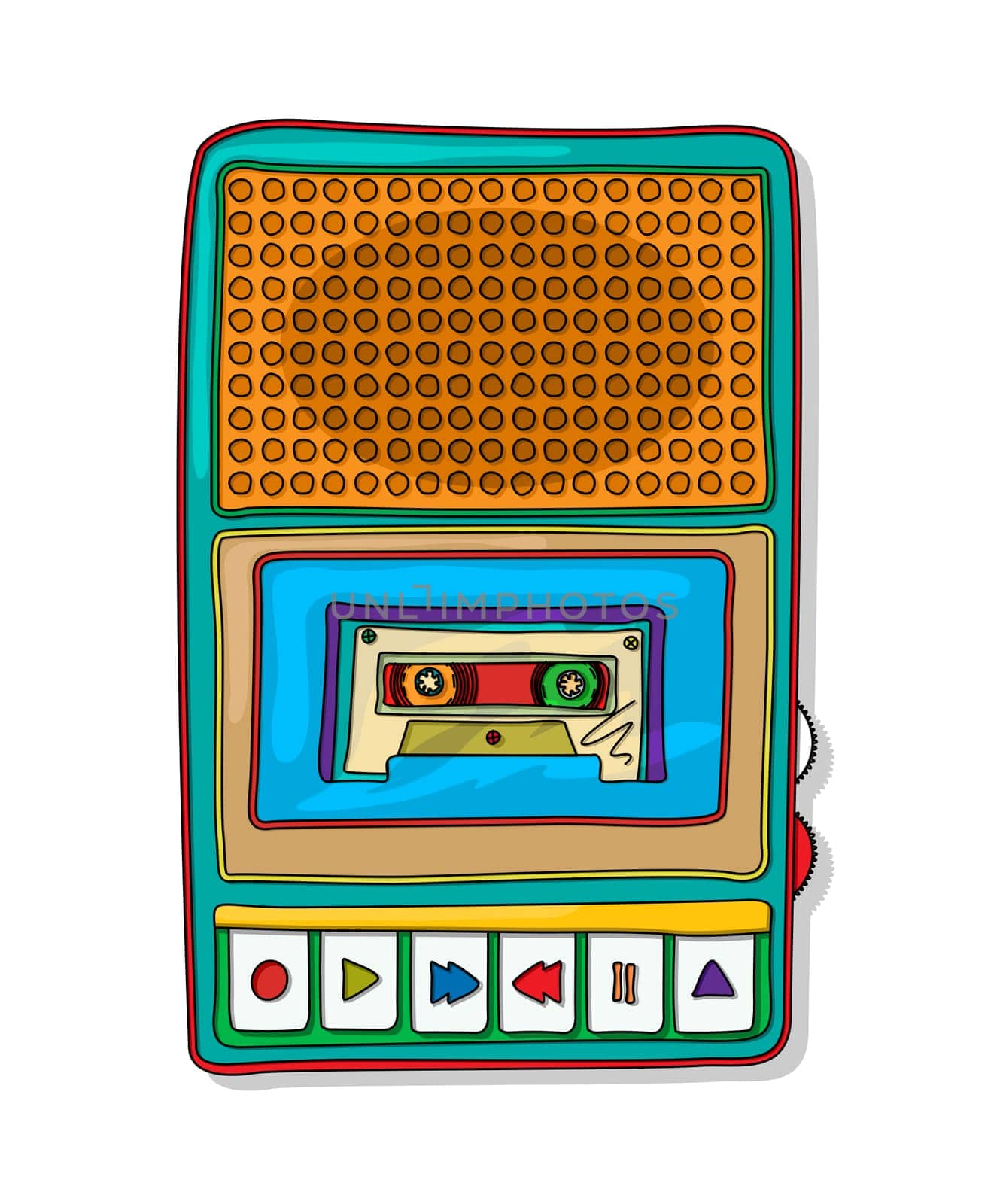 Vintage audio tape recorder funky drawing isolated over white background