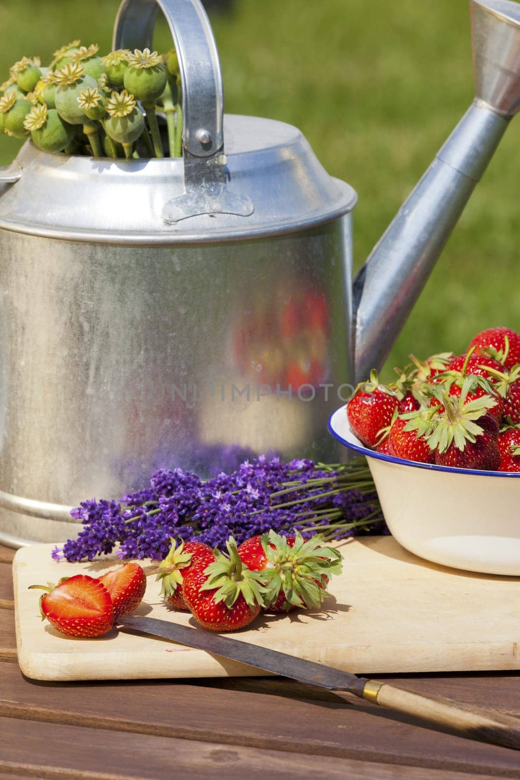 Juicy strawberries,fragrant lavender and poppy seed capsules after harvesting lie on a table