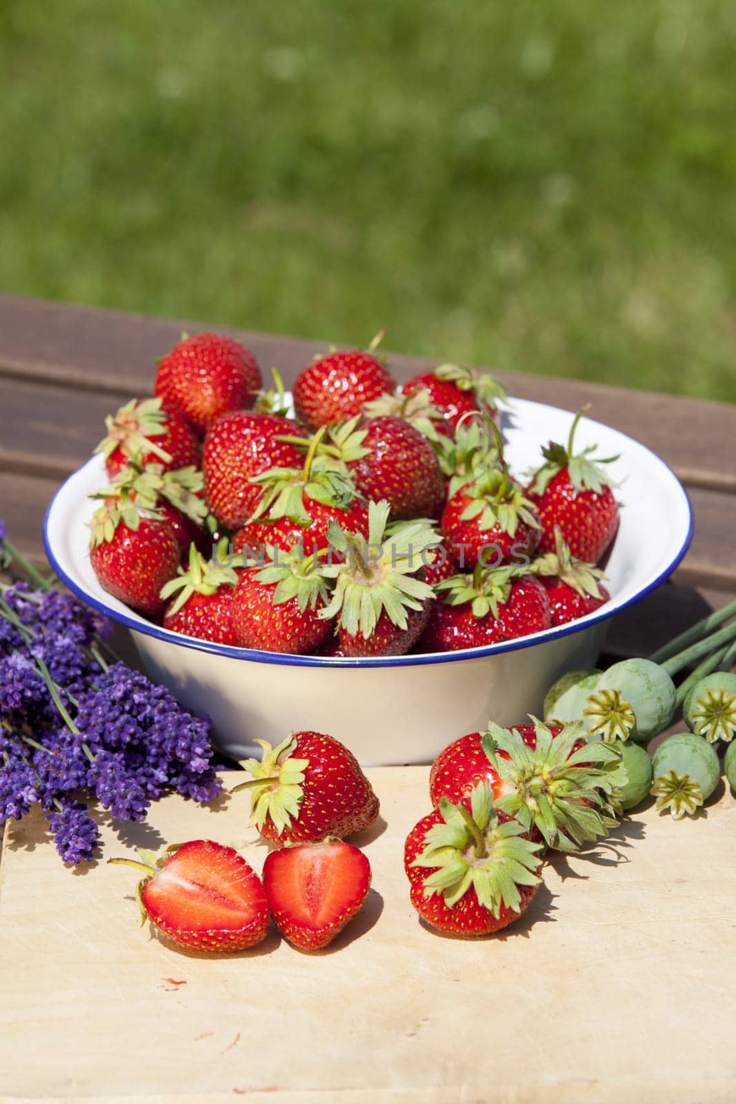 Freshly harvested strawberries in a bowl,lavender bunches and poppy seed capsules lie on a wooden table in the garden