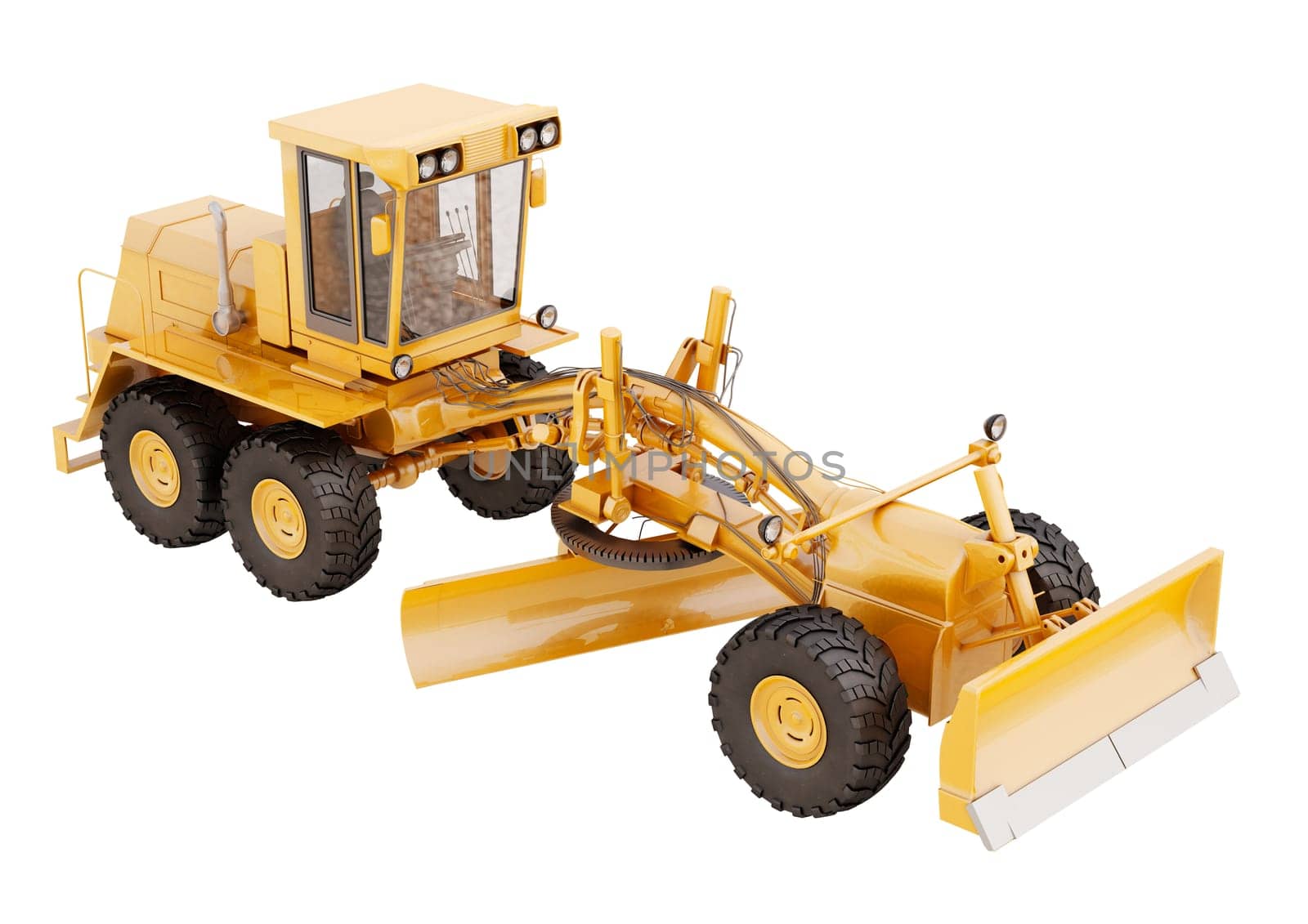 Modern three-axle road grader isolated on a white background