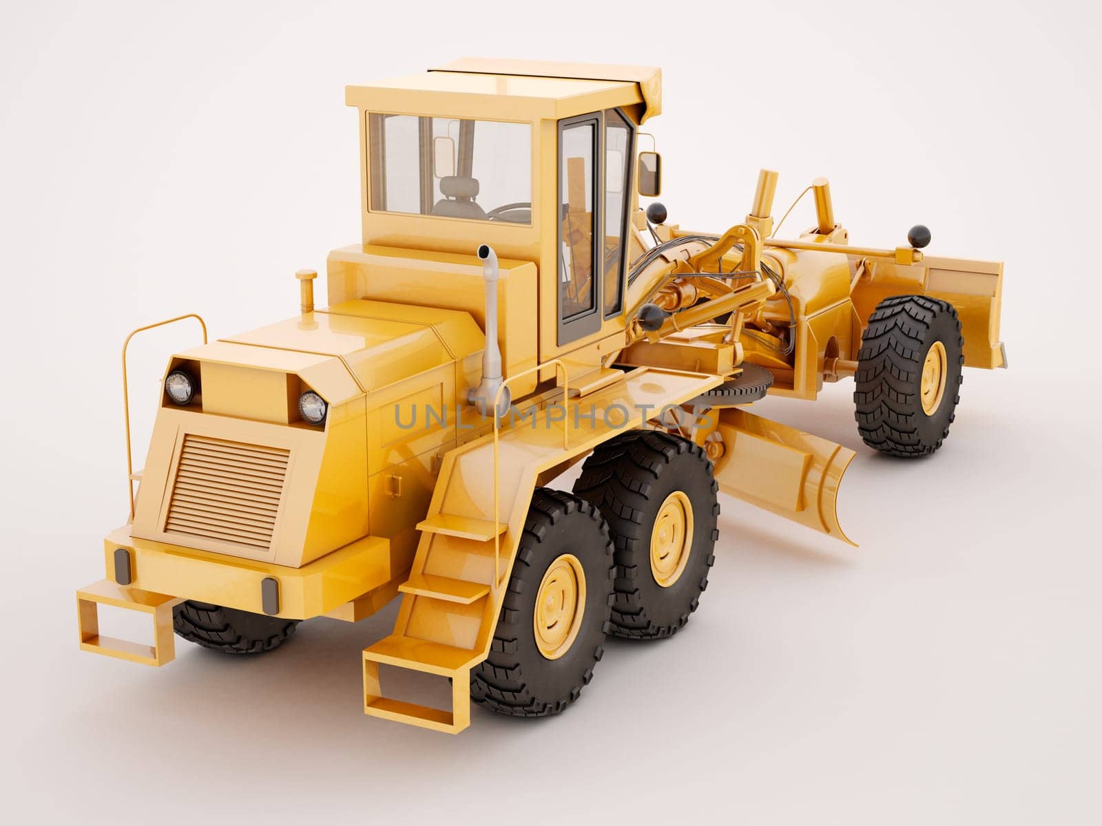Modern three-axle road grader on a light background