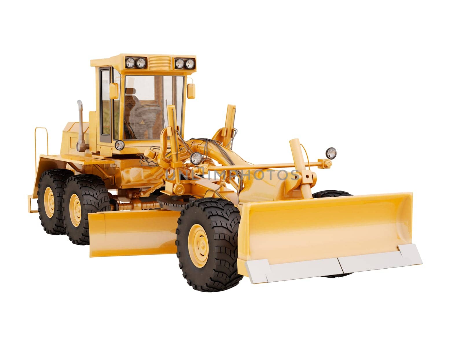 Modern three-axle road grader isolated on a white background