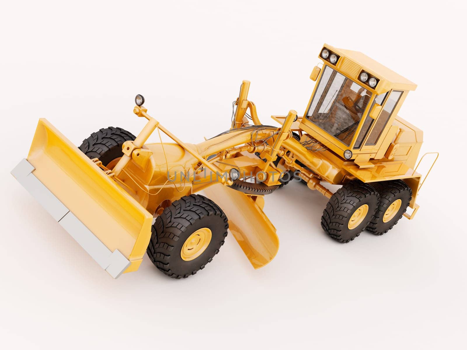 Modern three-axle road grader on a light background