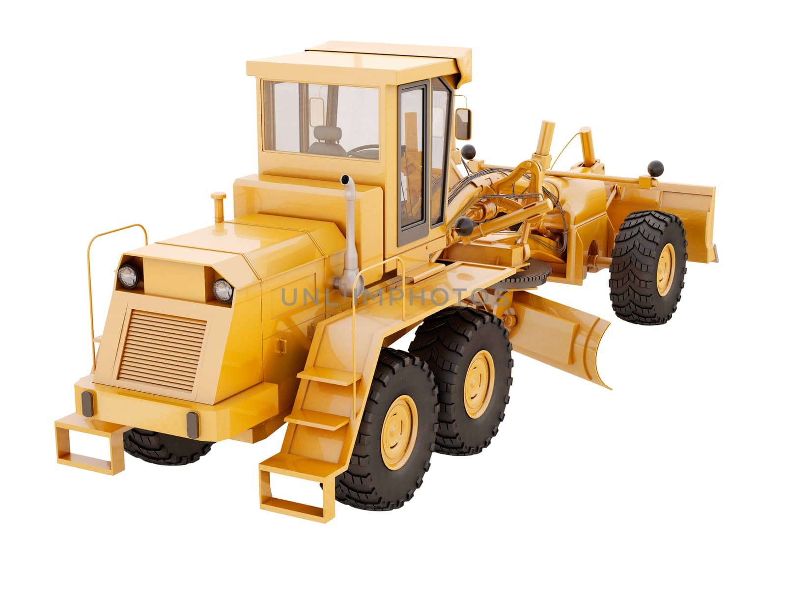 Modern three-axle road grader isolated on a white background