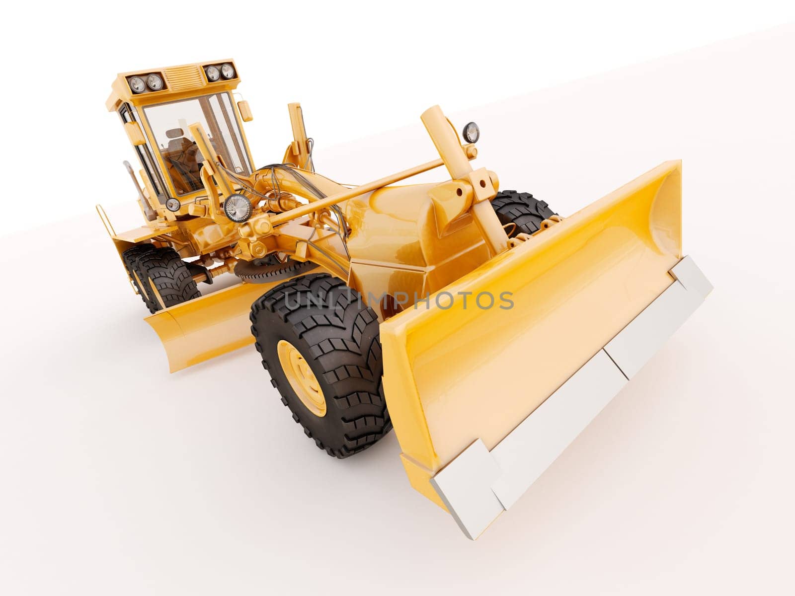 Modern three-axle road grader on a light background