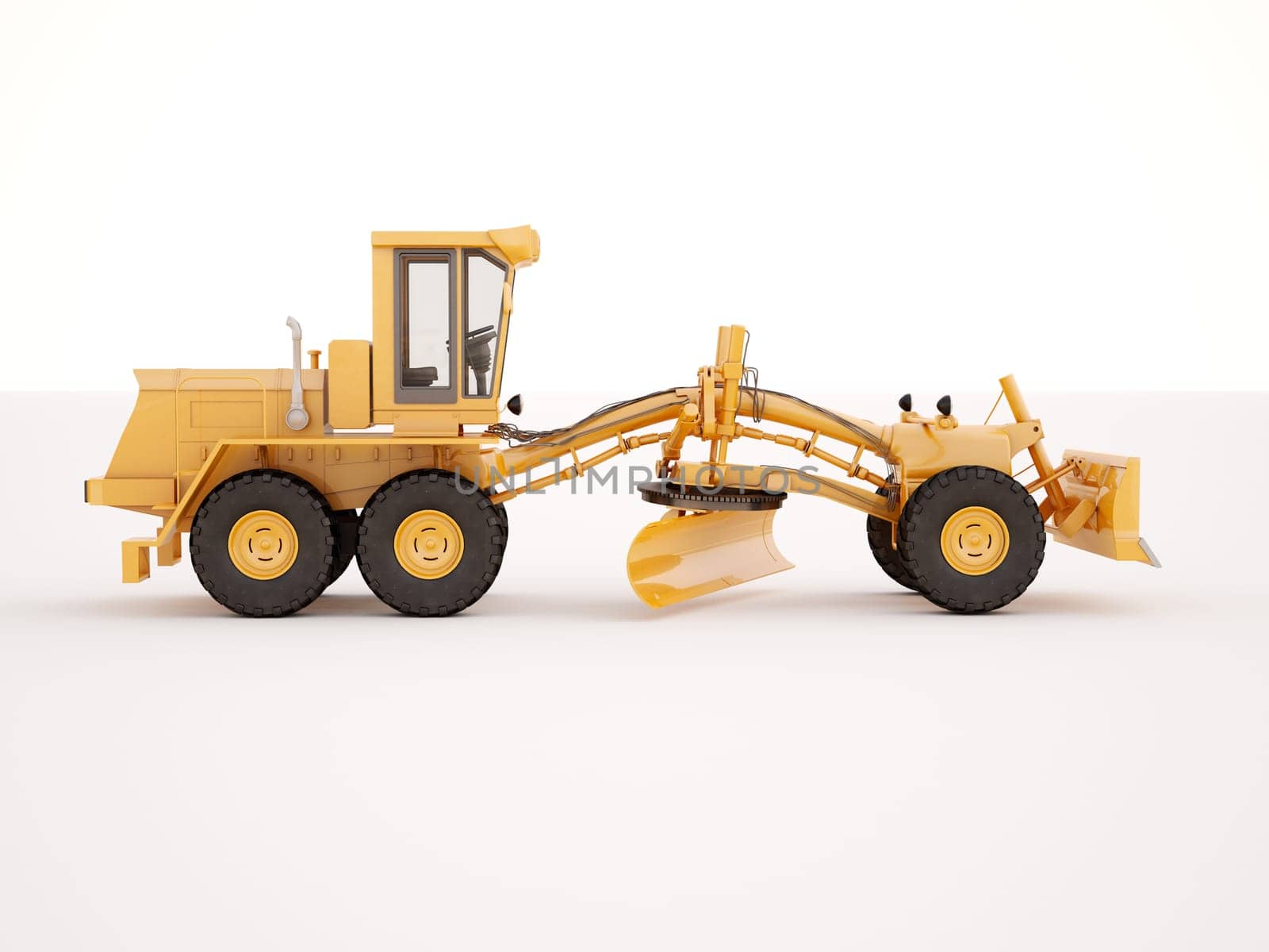 Modern three-axle road grader on a light background