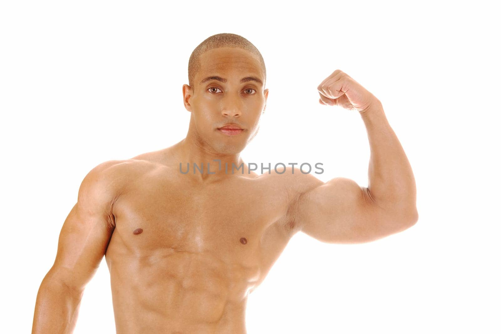 A Jamaican young man standing from the front and shoeing his biceps.for white background..