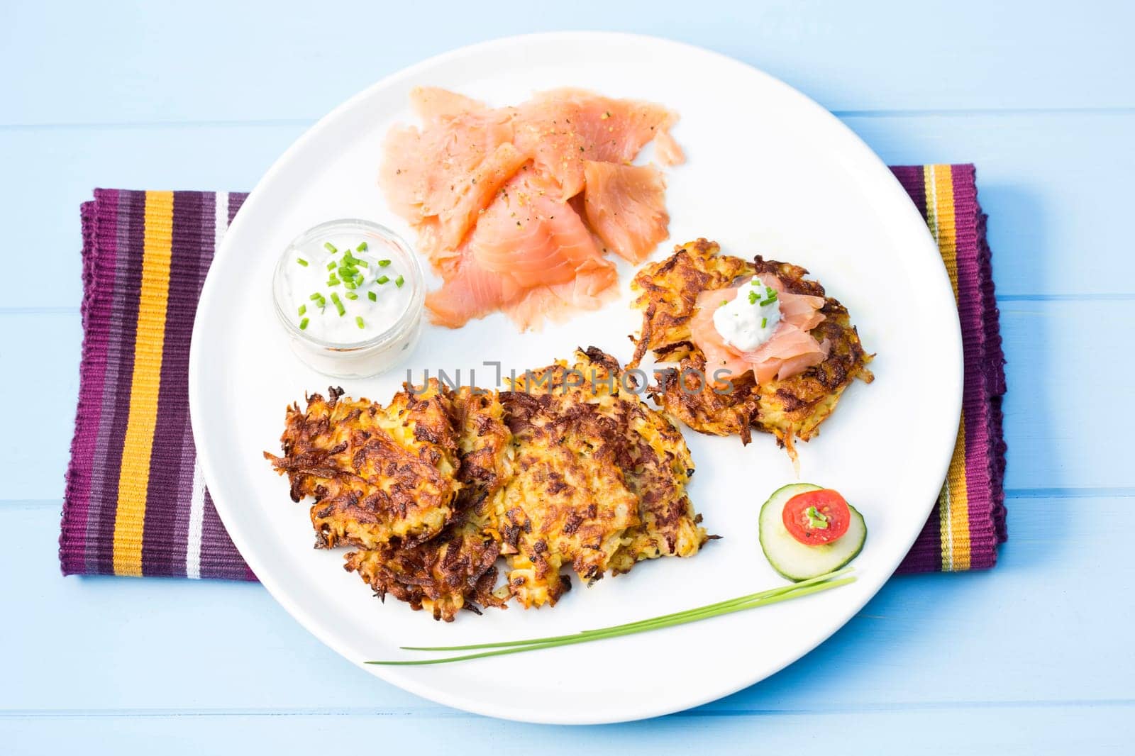 smoked salmon with potato pancakes and tartare sauce