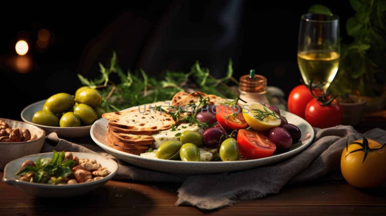 A plate of food with olives, cheese and bread