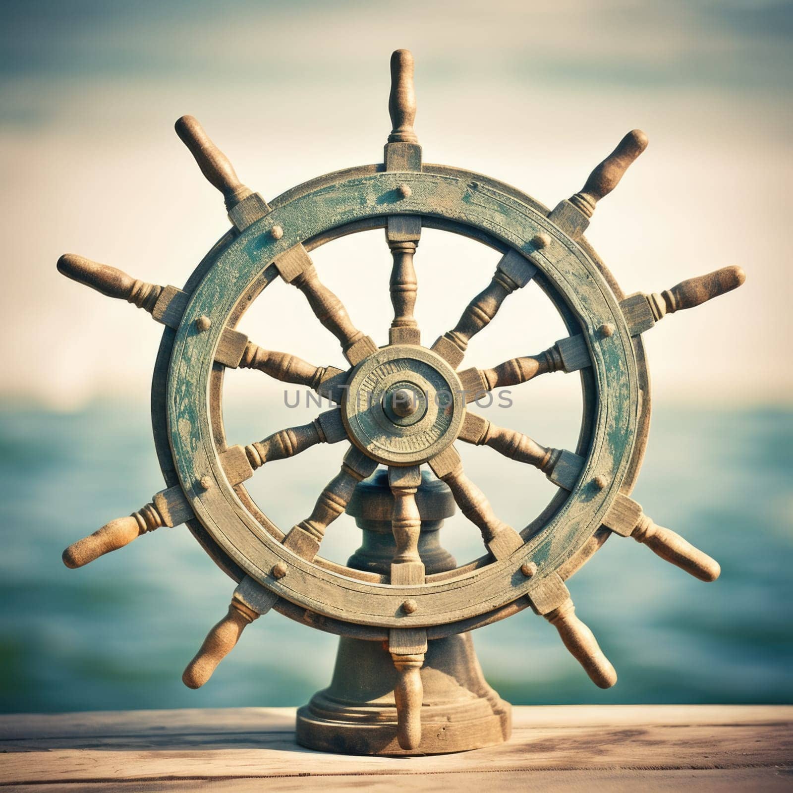 A ship wheel on a wooden table in front of the ocean