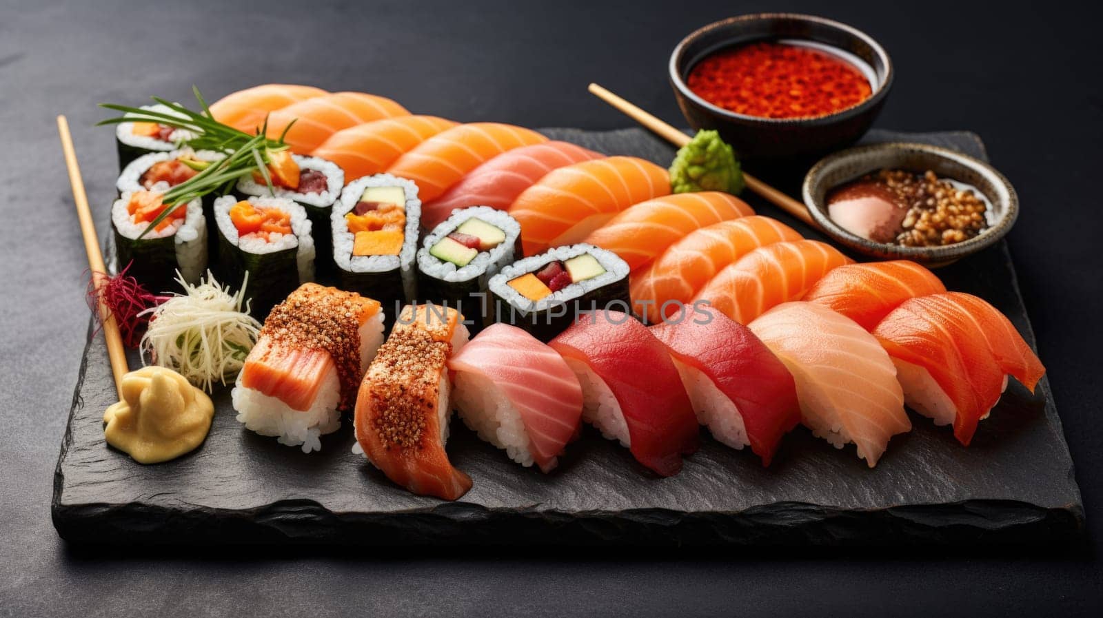 Sushi on a black slate plate with chopsticks and sauces