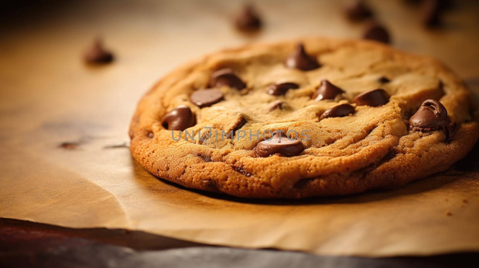 A chocolate chip cookie on a piece of paper