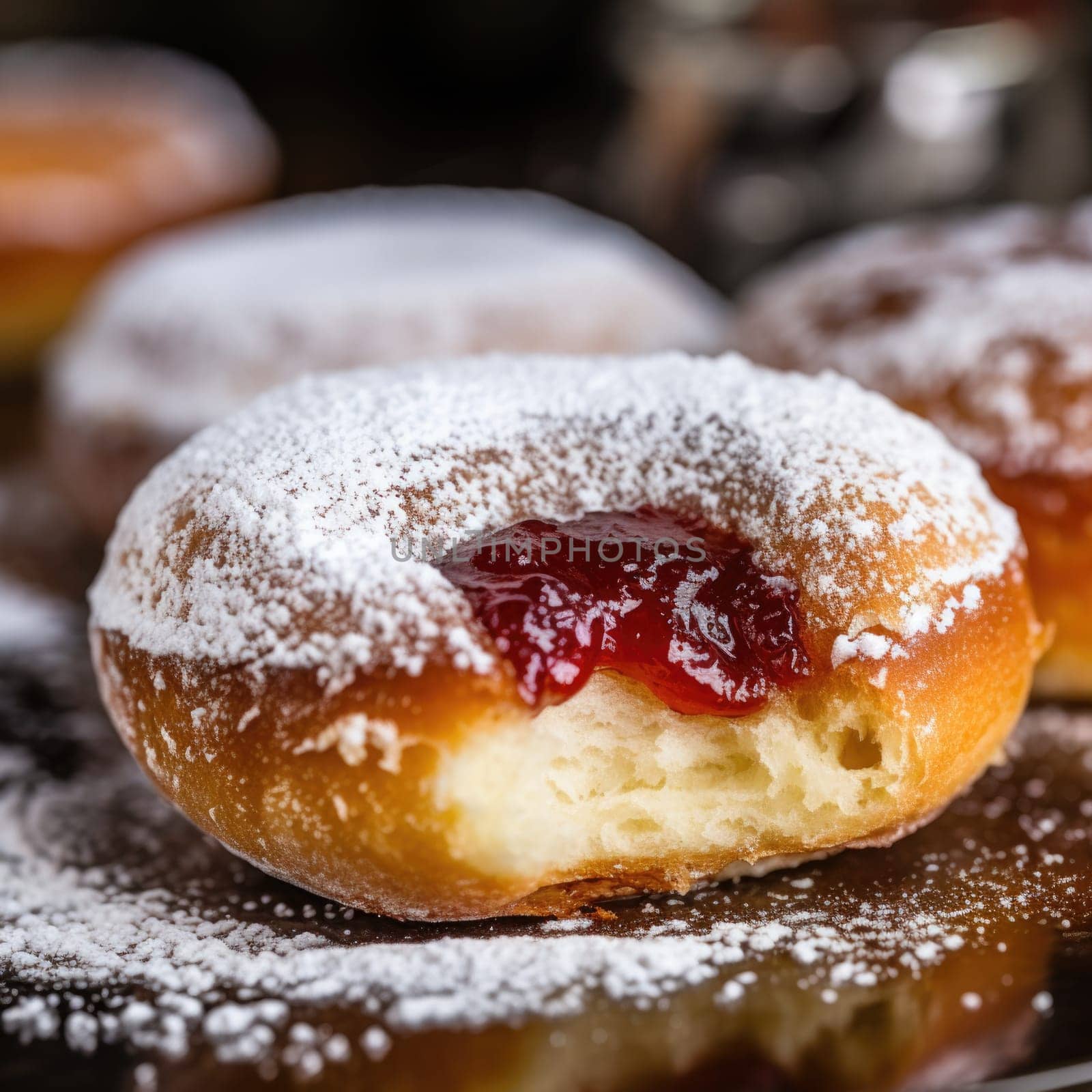 A close up of a donut with powdered sugar and jam