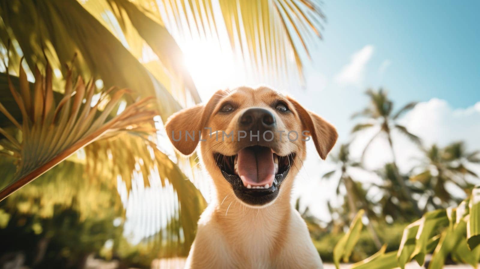 A dog is standing in front of palm trees