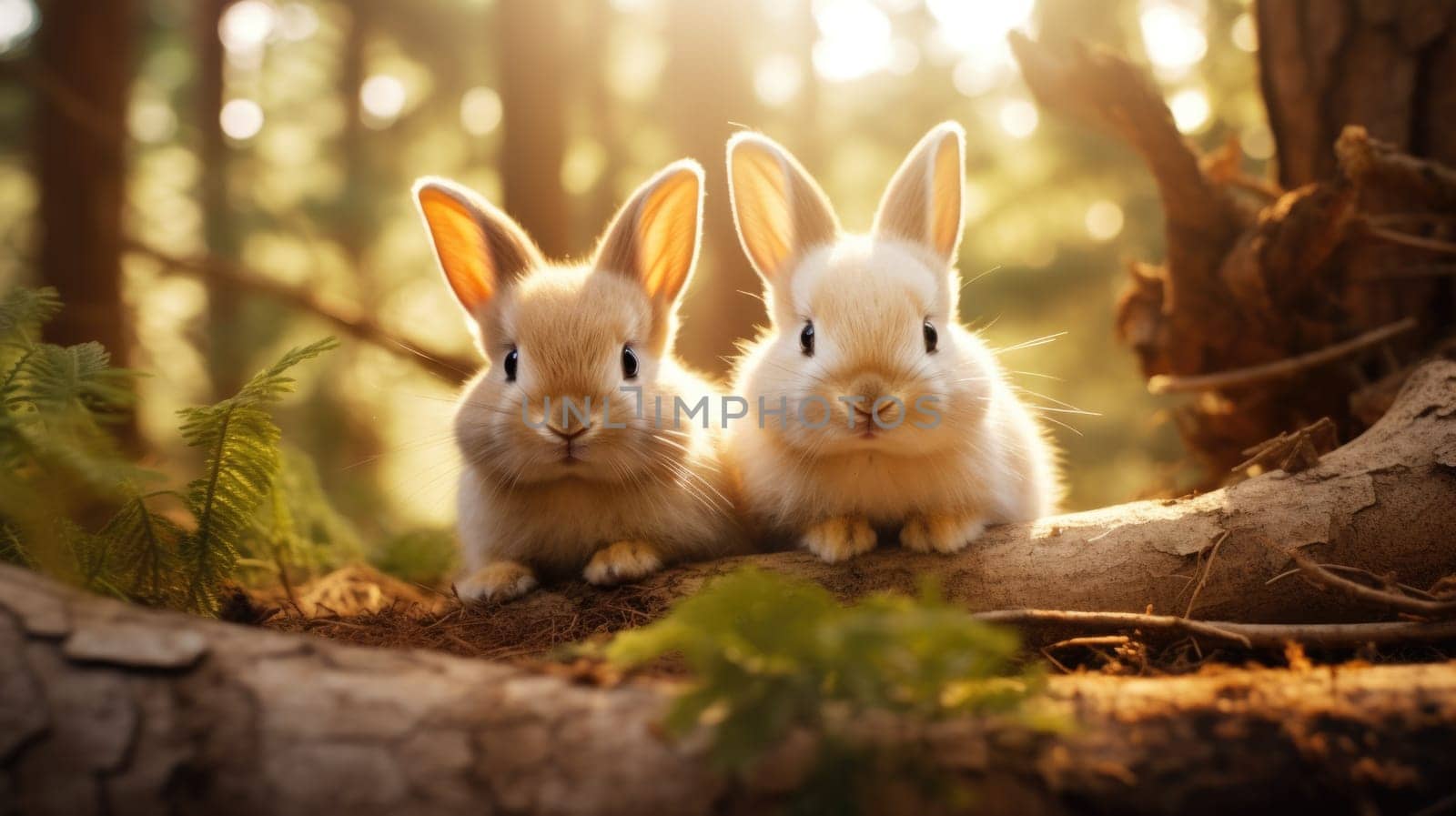 Two cute rabbits sitting on a log in the woods