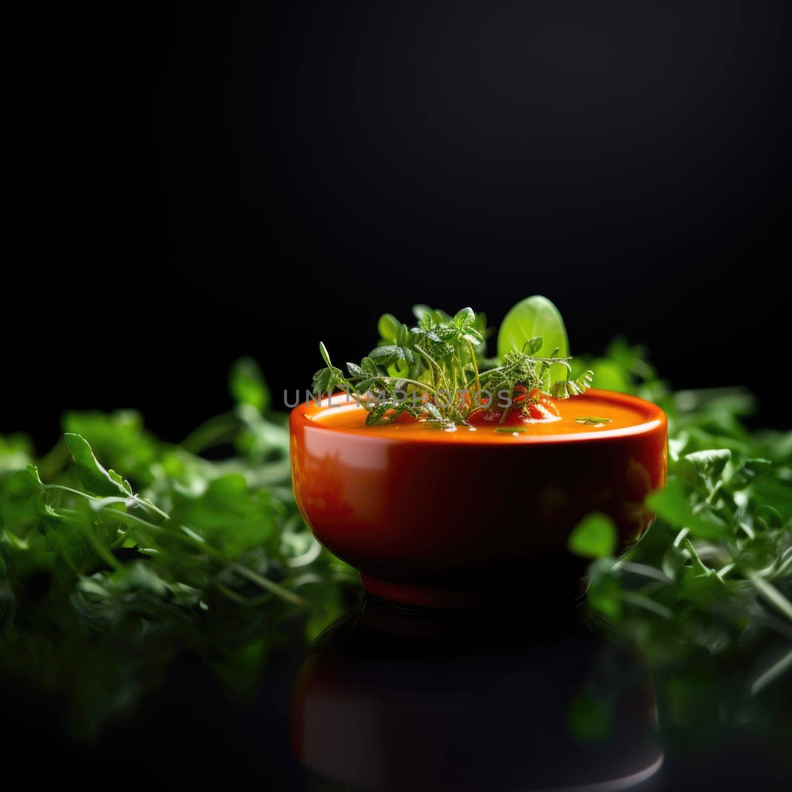 A bowl of soup with fresh greens on a black background