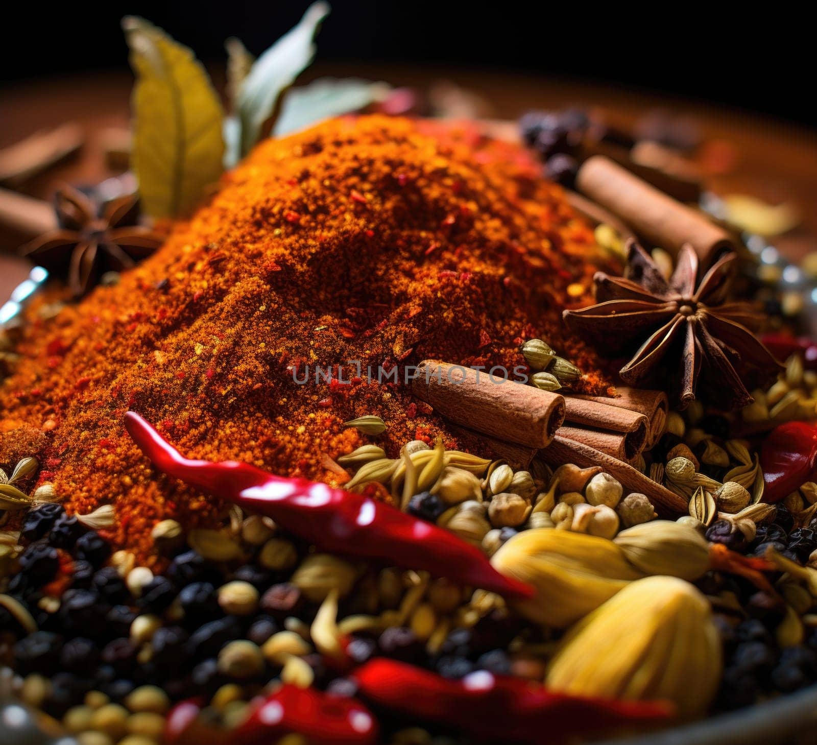 Freshly roasted Moroccan spice mix on a wooden table