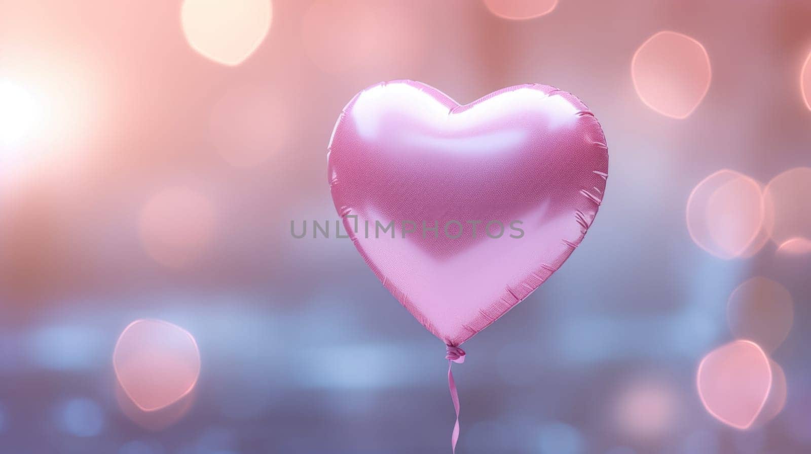A pink heart shaped balloon floating in the air